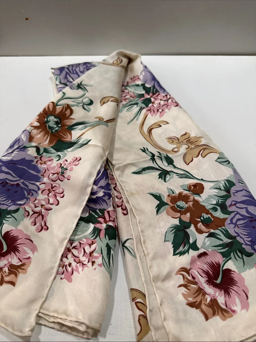 Floral Cream Silk Scarf with Purple & Pink Brown Blooms Roses 🌹vintage